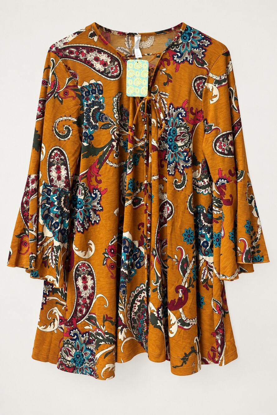 Paisley Grace Seed of Faith XXL Mustard Paisley Bell Sleeve Tunic Top NWT Boho